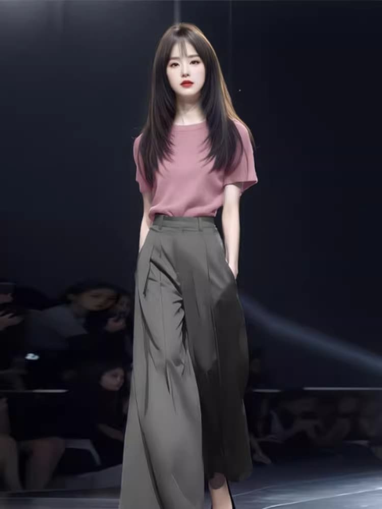 패션 세트 여성 2025 여름 새로운 세련된 외국 가스 반팔 티셔츠 하이웨이스트 와이드 레그 팬츠 품격 투피스 세트 트렌디 상세 이미지 5