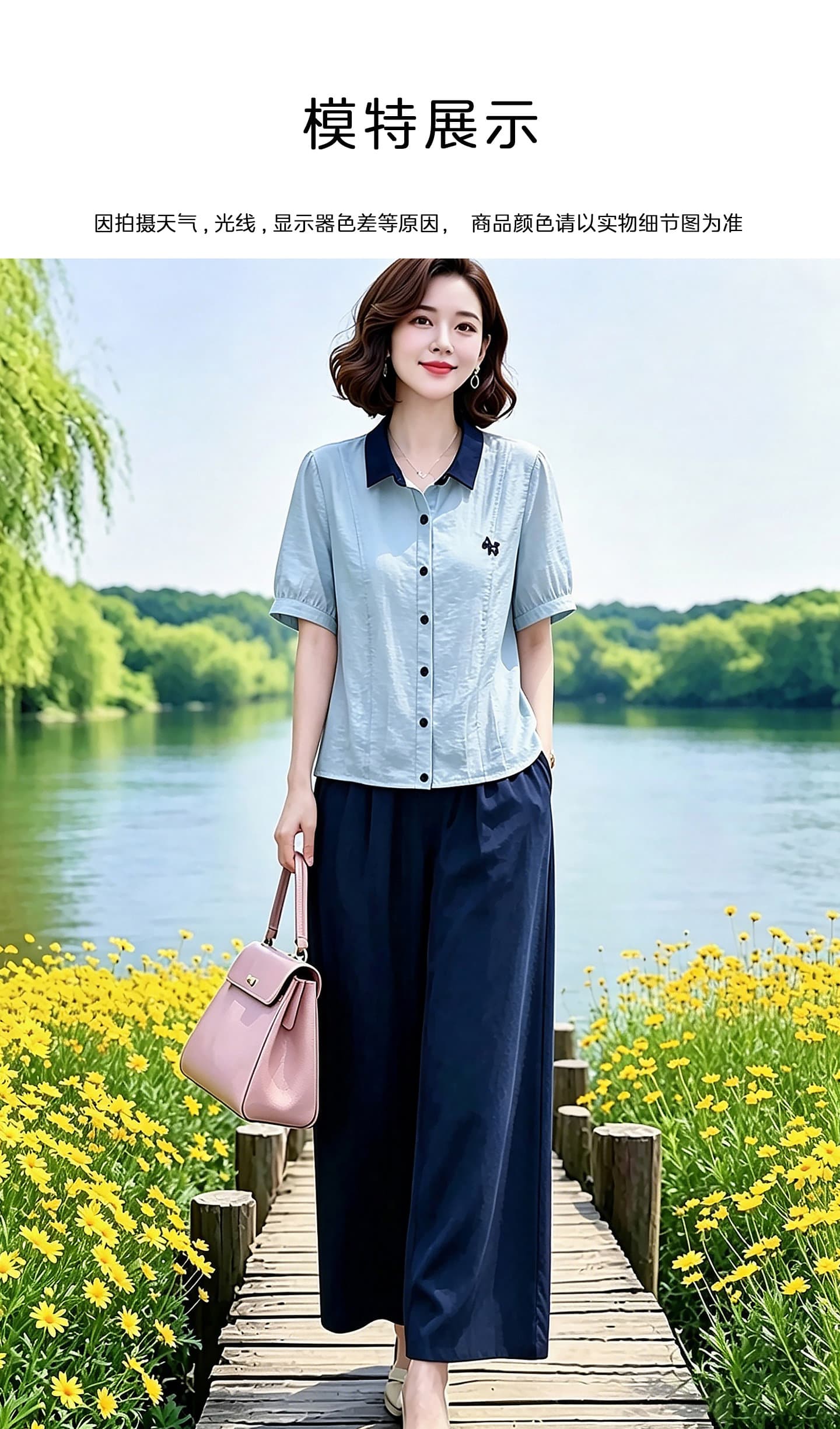 2026 여름 여성 의류 품격 캐주얼 배색 폴로 칼라 맨위 소근 허리 스트레이트 팬츠 세트 상세 이미지 7