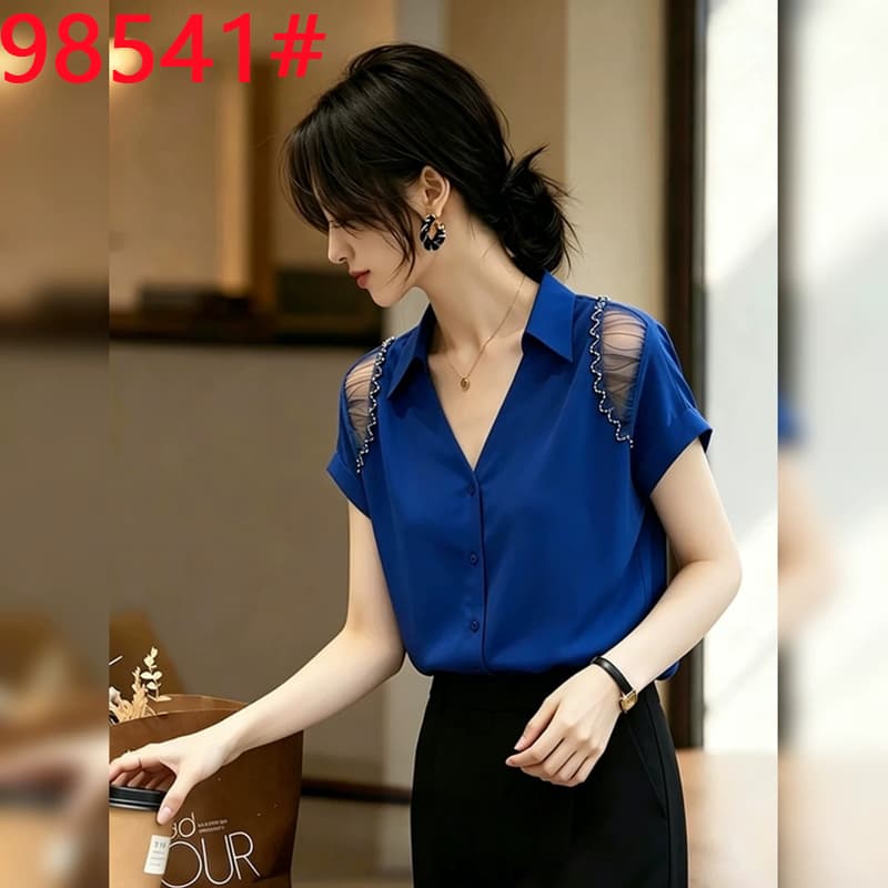 프랑스식 품격 망사 패치워크 파란색 V 넥 셔츠 여름 새로운 패션 연령 감소 루즈핏 다용도 반팔 맨위 상세 이미지 2
