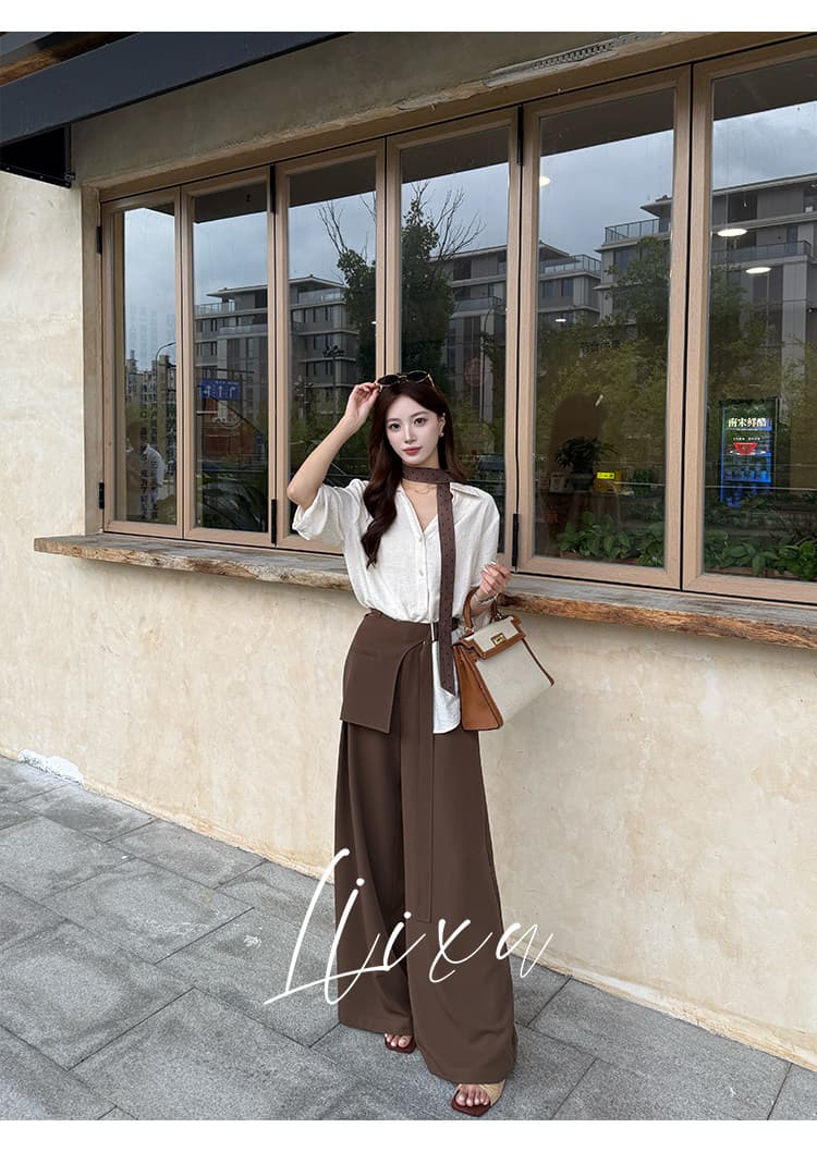 liixu 여름 새로운 느긋한 바람 루즈핏 셔츠 허리 인감 긴 바지 슬림해 보이는 패션 세트 상세 이미지 3