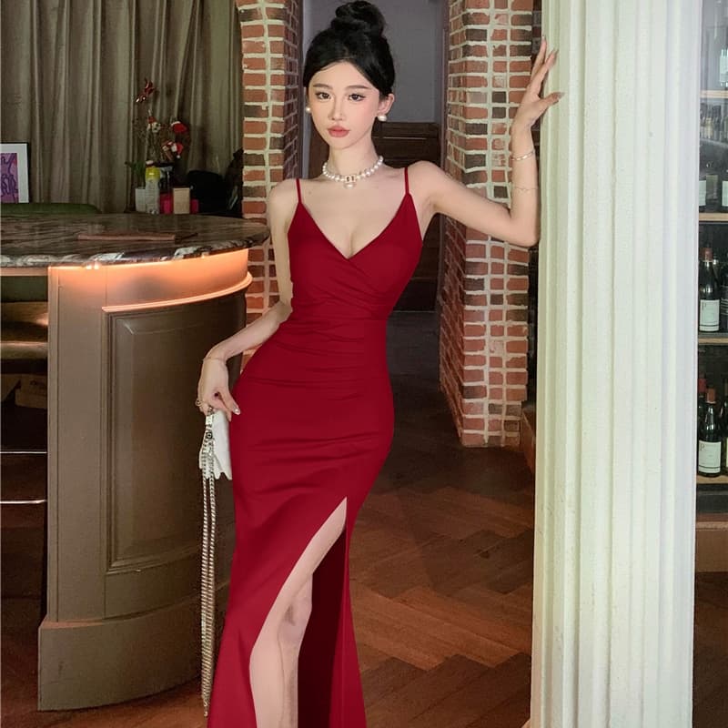 실사 섹시함 빛 럭셔리 고급 센스 슬립 트임 롱 코트 인어 꼬리 진자 예복 치마 로얄 자매 품격 드레스 이미지 5