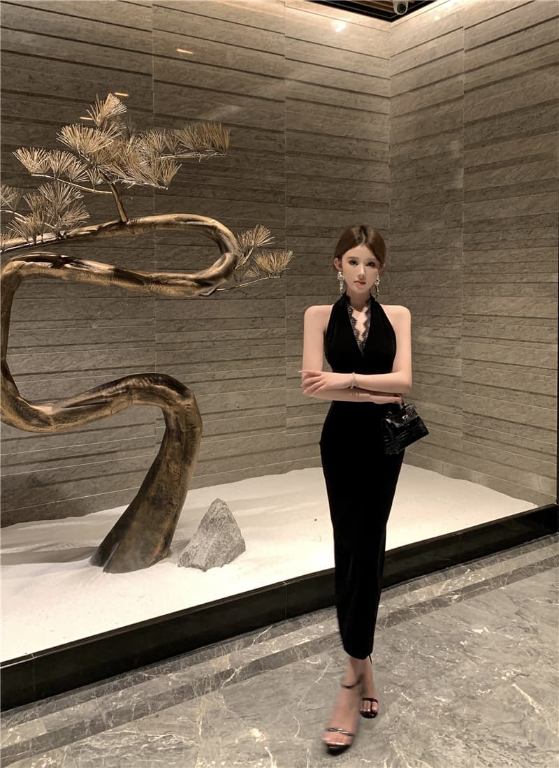 실사 품격 이슬 뒤에 트임 V넥 속눈썹 레이스 행침 목 중간 길이 드레스 고급 센스 예복 치마 상세 이미지 4