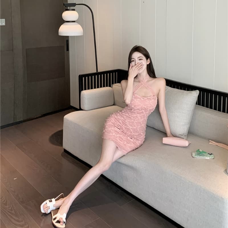 실사 섹시함 순수한 욕망 바람 무거운 작업 꽃 자수 레이스 행침 목 스트랩 허리 수축 슬림해 보이는 타이트 스커트 드레스 이미지 3