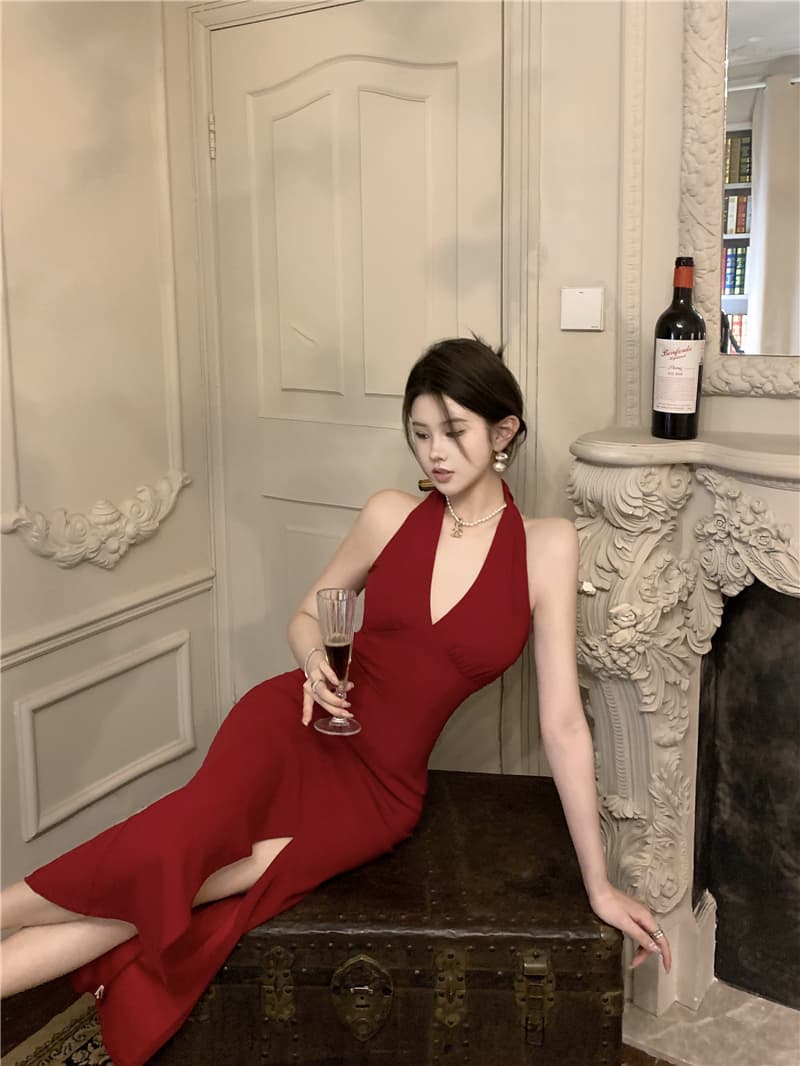 실사 품격 섹시함 V넥 백리스 트임 행침 목 중간 길이 드레스 그는 벤 바람 고급 센스 예복 치마 상세 이미지 1