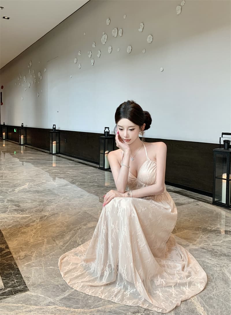실사 순수한 욕망 바람 여름 V넥 섹시함 스트랩 행침 목 레이스 슬립 백리스 허리 수축 부드러운 드레스 상세 이미지 7