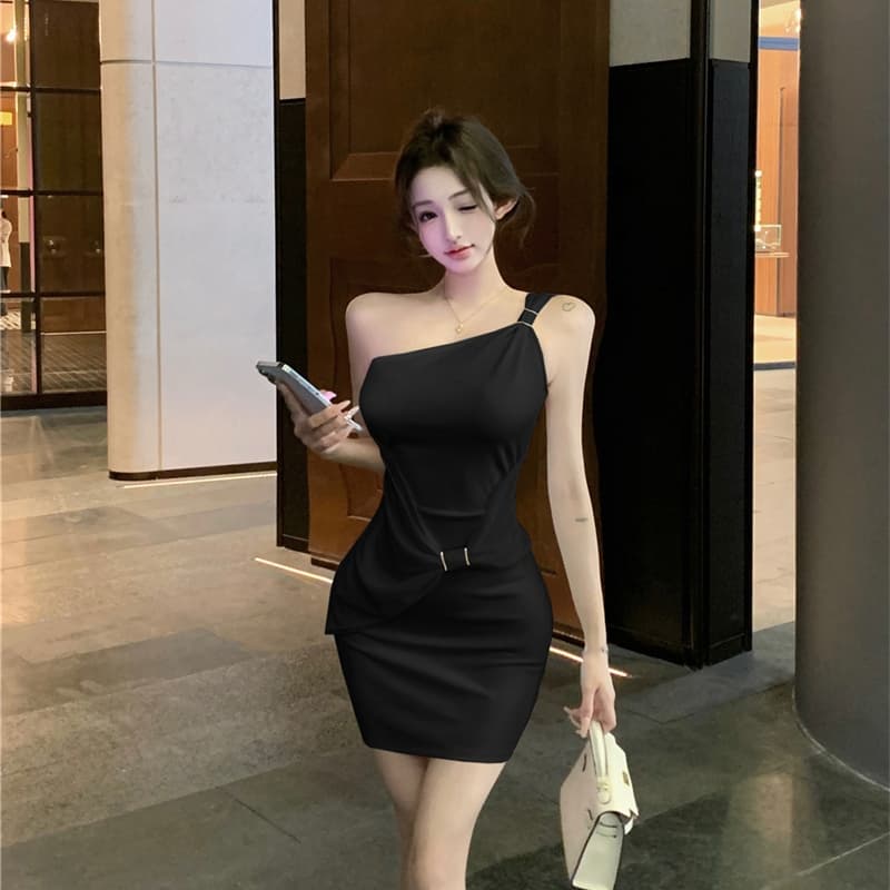 실사 나비 매듭 비스듬한 어깨 민소매 드레스 섹시함 순수한 욕망 타이트 슬림해 보이는 핫걸 오프숄더 타이트 스커트 미니 스커트 이미지 3