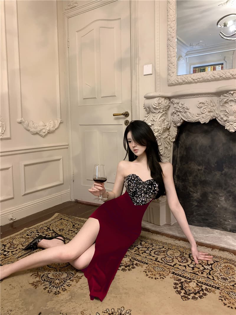 실사 순수한 욕망 바람 핫걸 섹시함 스팽글 튜브탑 작은 드레스 치마 불규칙 허리 수축 슬림해 보이는 드레스 상세 이미지 17