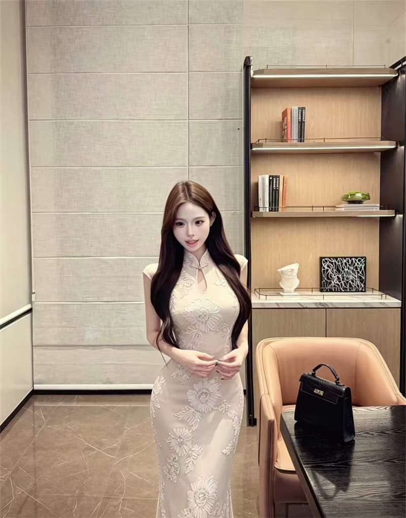 실사 새로운 중식 무거운 작업 수공 디스크 꽃 치파오 드레스 여름 국풍 허리 수축 슬림해 보이는 스탠드 칼라 인어 꼬리 드레스 상세 이미지 9
