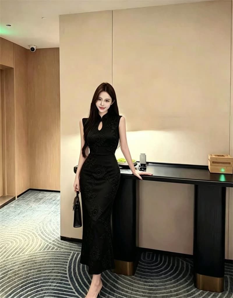 실사 새로운 중식 무거운 작업 수공 디스크 꽃 치파오 드레스 여름 국풍 허리 수축 슬림해 보이는 스탠드 칼라 인어 꼬리 드레스 상세 이미지 12