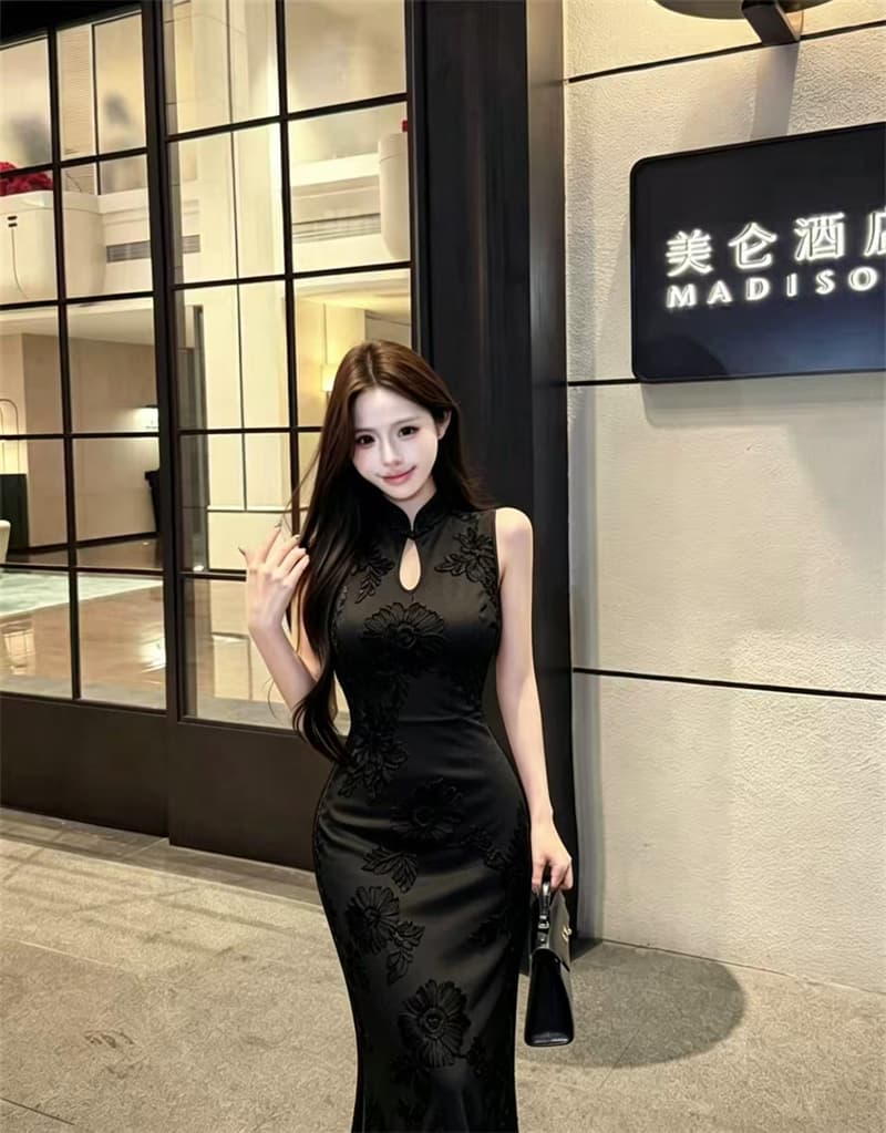 실사 새로운 중식 무거운 작업 수공 디스크 꽃 치파오 드레스 여름 국풍 허리 수축 슬림해 보이는 스탠드 칼라 인어 꼬리 드레스 상세 이미지 13