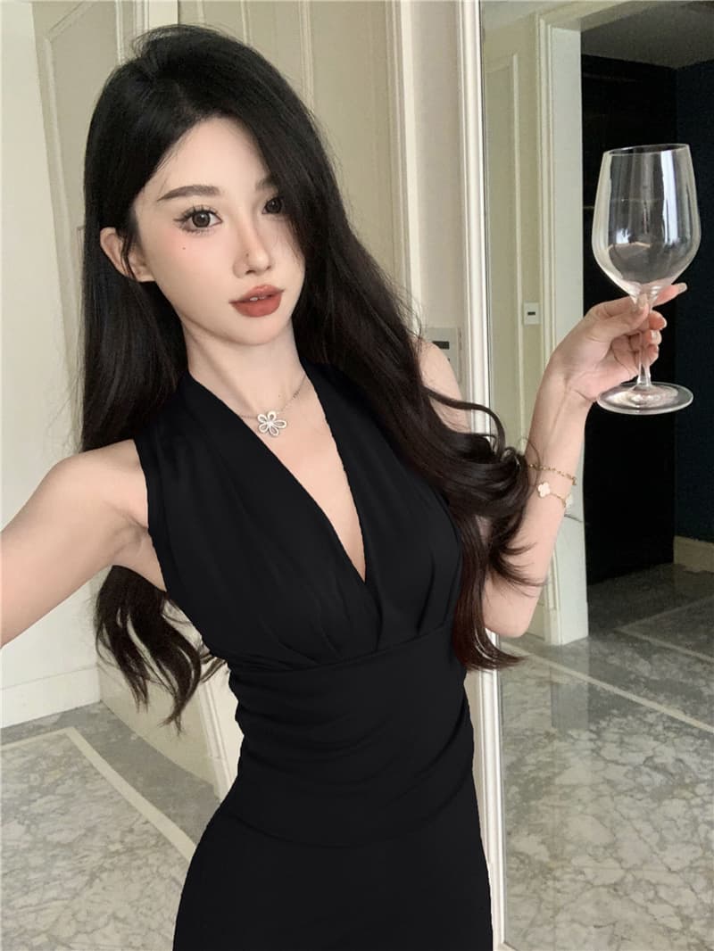 실사 가스 질감 깊은 V 넥 주름 민소매 드레스 그는 벤 바람 고급 센스 허리 수축 슬림해 보이는 트임 롱 스커트 상세 이미지 17