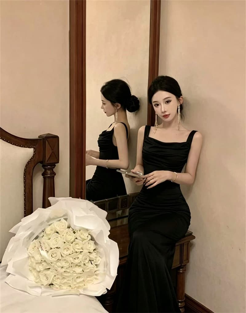 실사 한국 스타일 말뚝 더미 광장 칼라 슬립 백리스 드레스 뒤로 십자가 스트랩 몸매 가꾸기 슬림해 보이는 인어 꼬리 롱 스커트 상세 이미지 2