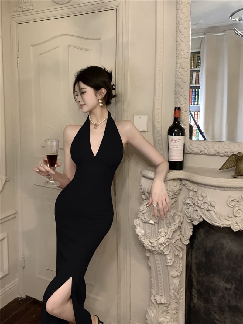 실사 로얄 자매 바람 행침 목 품격 섹시함 V넥 백리스 트임 중간 길이 치마 하이웨이스트 슬림해 보이는 드레스 상세 이미지 13