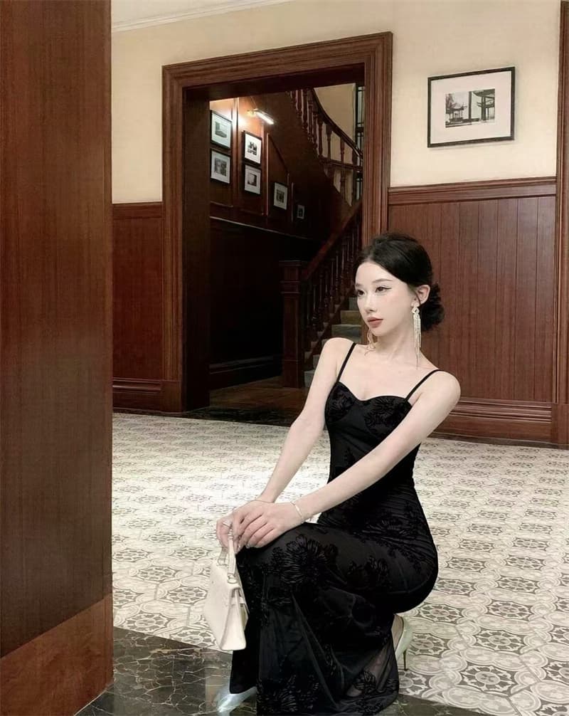 실사 프랑스식 고급 센스 무거운 작업 꽃무늬 예복 치마 망사 롱 스커트 타이트 스커트 몸매 가꾸기 슬립 여성 드레스 상세 이미지 9