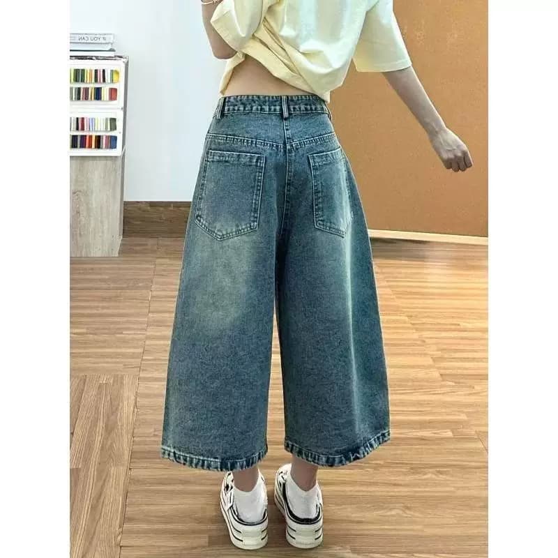 새로운 만화 레트로 강아지 자수 7부 바지 청바지 여성 높음 거리 루즈핏 슬림해 보이는 와이드 레그 팬츠 이미지 4
