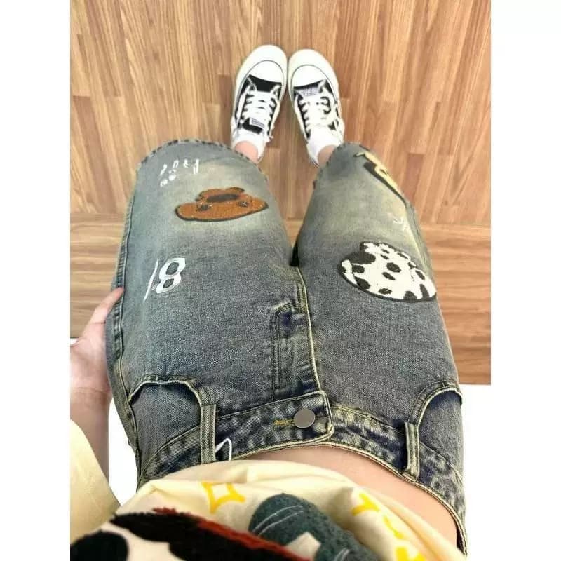 새로운 만화 레트로 강아지 자수 7부 바지 청바지 여성 높음 거리 루즈핏 슬림해 보이는 와이드 레그 팬츠 상세 이미지 3