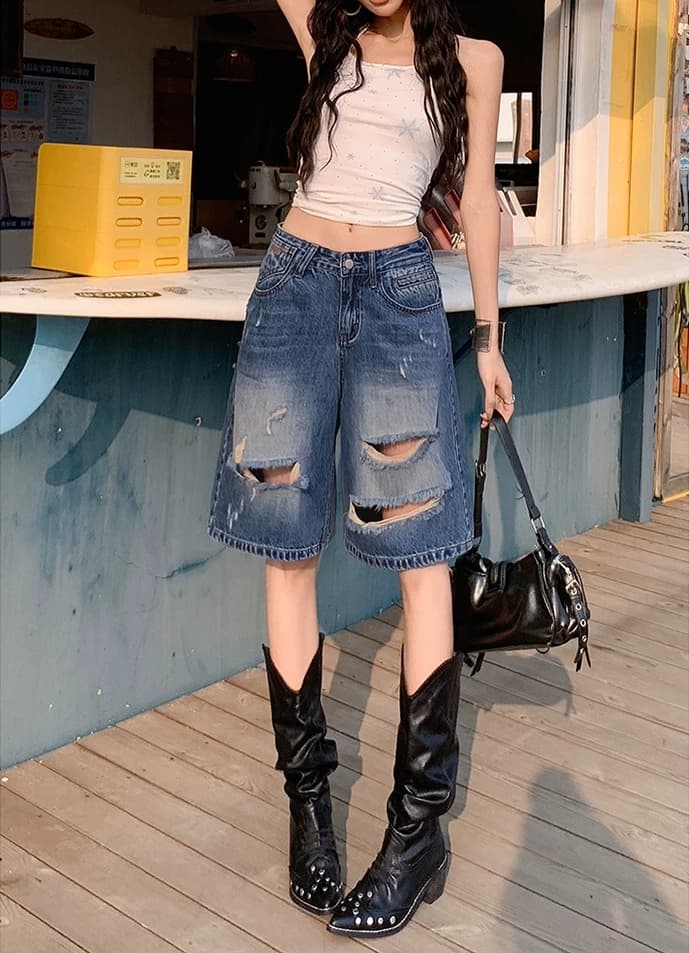 아메리칸 레트로 찢어진 부분 넓은 다리 데님 반바지 여름 새로운 루즈핏 표지 고기 작은 키 6 점 스트레이트 팬츠 상세 이미지 7