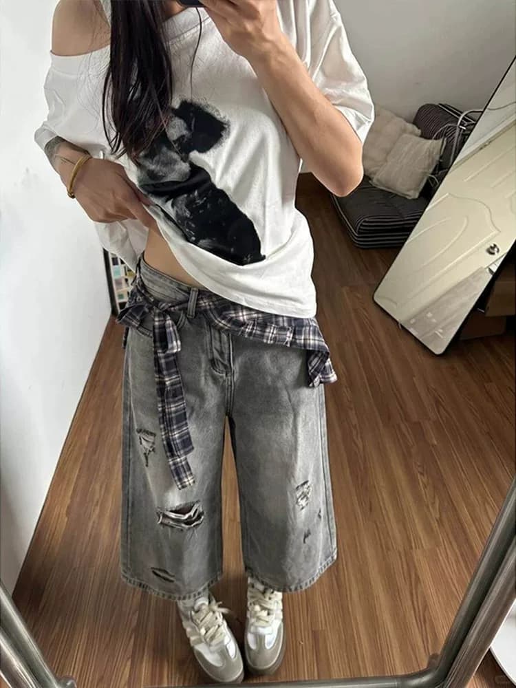 아메리칸 레트로 마 오래된 찢어진 부분 7 점 청바지 2026 여름 새로운 패션 체크무늬 방귀 커튼 스트레이트 와이드 레그 팬츠 상세 이미지 5