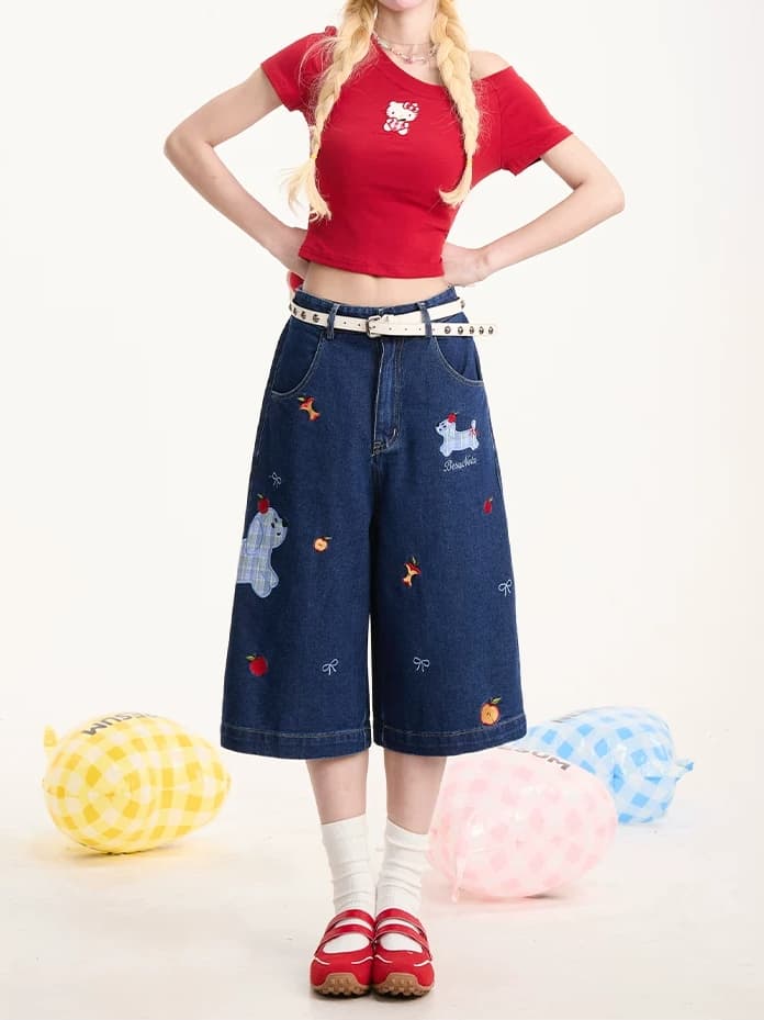 2026 아메리칸 레트로 재미있는 강아지 자수 데님 반바지 여성 느긋한 무릎 어깨 바지 넓은 다리 7 점 바지 이미지 2