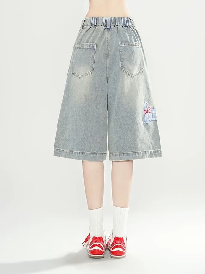 2026 아메리칸 레트로 재미있는 강아지 자수 데님 반바지 여성 느긋한 무릎 어깨 바지 넓은 다리 7 점 바지 상세 이미지 6
