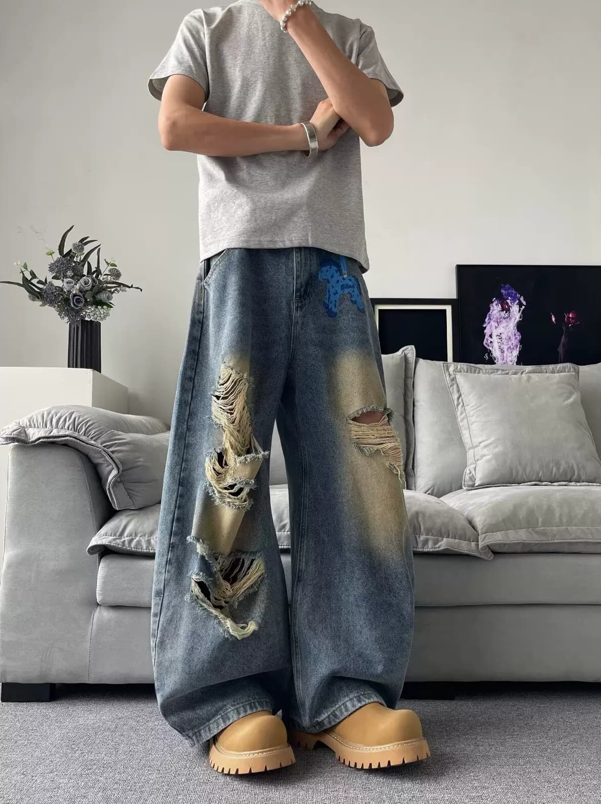 아메리칸 레트로 워싱 찢어진 부분 청바지 남자 여자 여름 높음 거리 루즈핏 와이드 레그 팬츠 어린이 조수 브랜드 다용도 긴 바지 상세 이미지 4