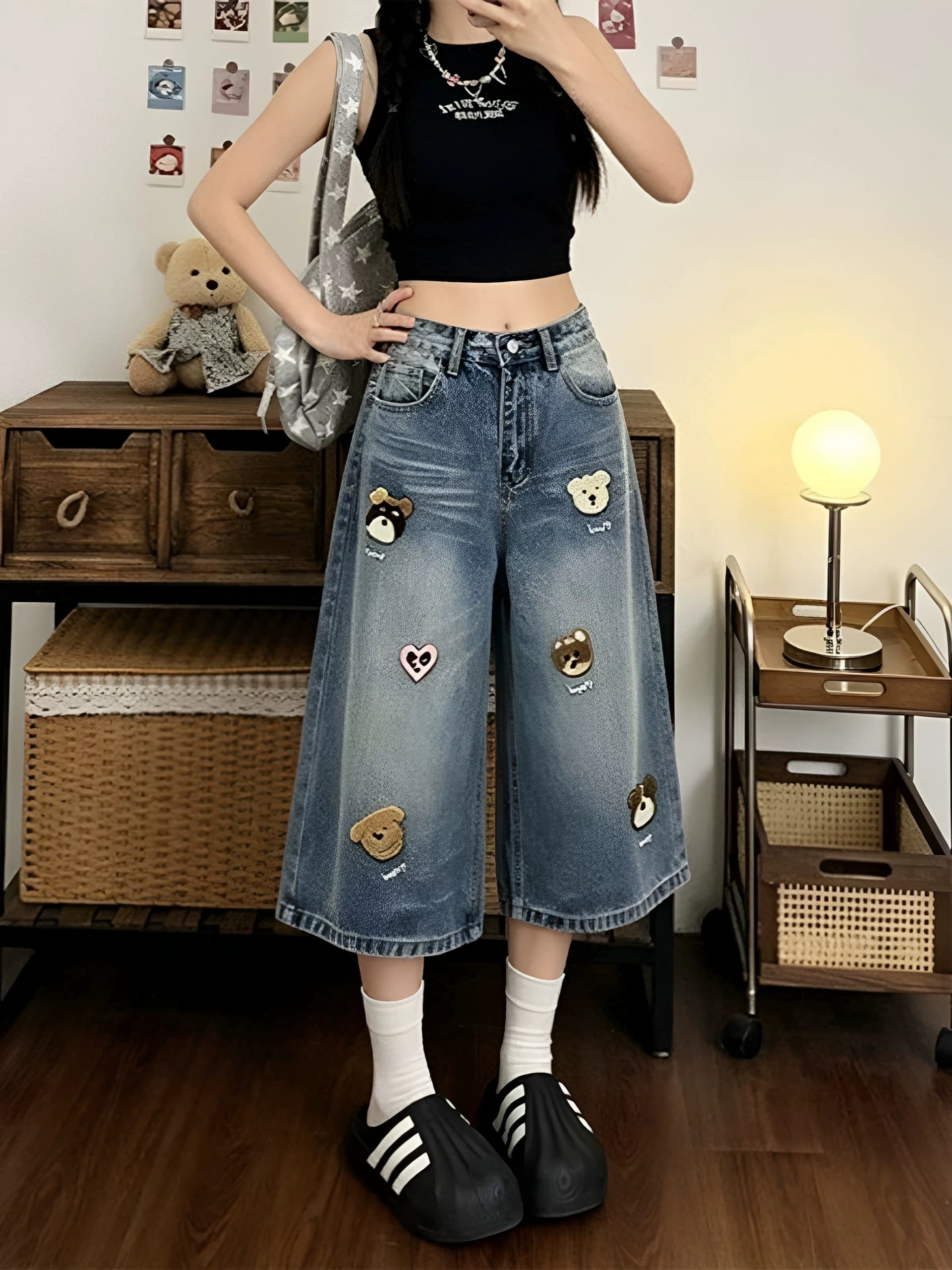 아메리칸 레트로 디자인 센스 어린애 같은 만화 자수 청바지 여성 여름과 가을 잘 생긴 패션 연령 감소 와이드 레그 팬츠 어린이 상세 이미지 4