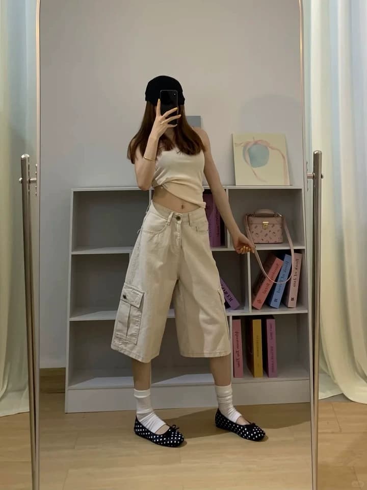 얕은 살구 색상 캐주얼 워크웨어 데님 7부 바지 여성 여름 새로운 하이웨이스트 슬림해 보이는 바이두 디자인 센스 데님 반바지 상세 이미지 2