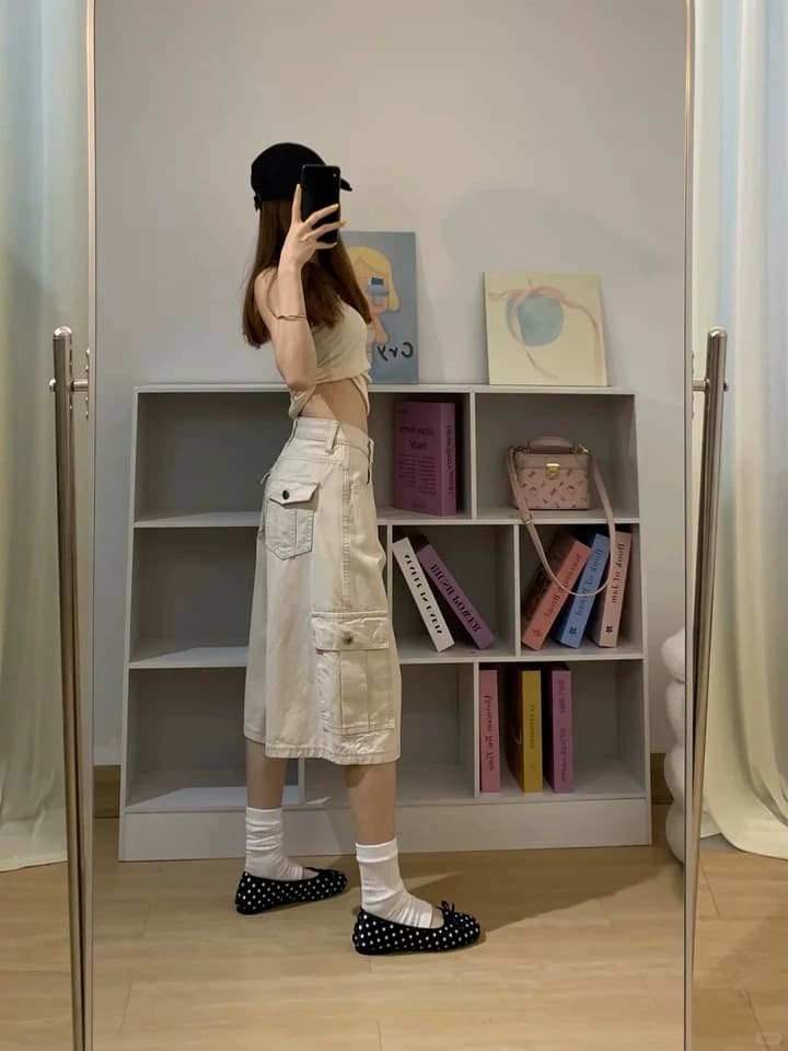 얕은 살구 색상 캐주얼 워크웨어 데님 7부 바지 여성 여름 새로운 하이웨이스트 슬림해 보이는 바이두 디자인 센스 데님 반바지 상세 이미지 5