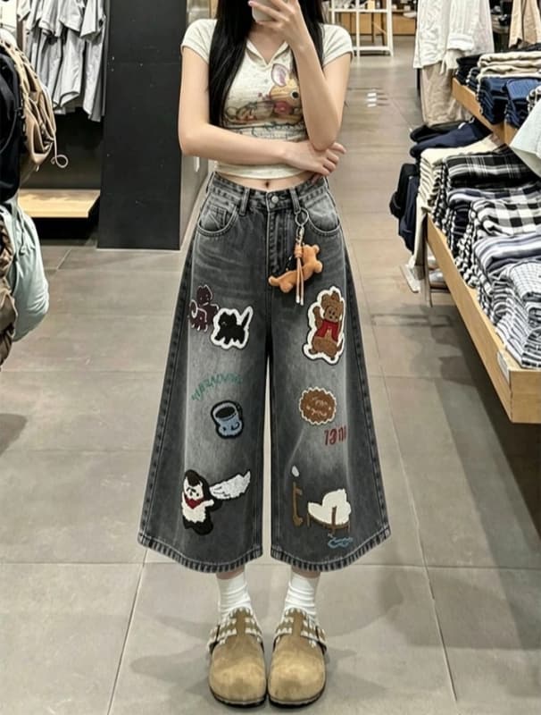 아메리칸 레트로 만화 수건 자수 모통이 칼 7 점 청바지 여성 조수 브랜드 루즈핏 다용도 넓은 다리 스트레이트 반바지 상세 이미지 2