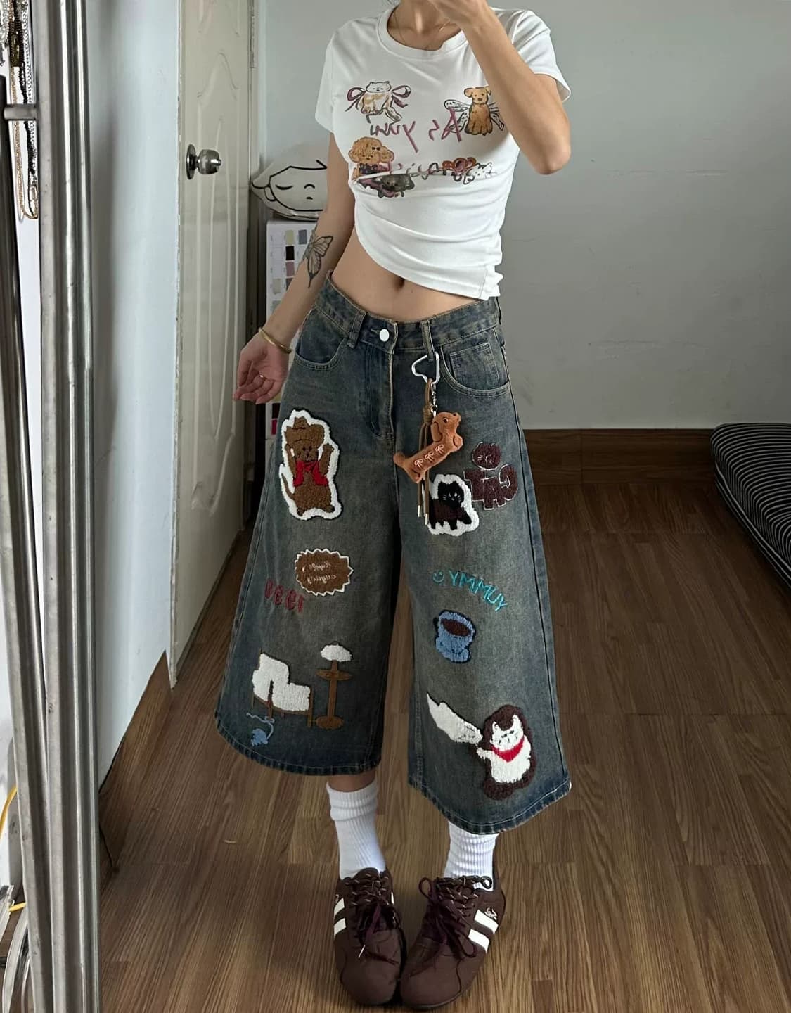 아메리칸 레트로 만화 수건 자수 모통이 칼 7 점 청바지 여성 조수 브랜드 루즈핏 다용도 넓은 다리 스트레이트 반바지 이미지 3