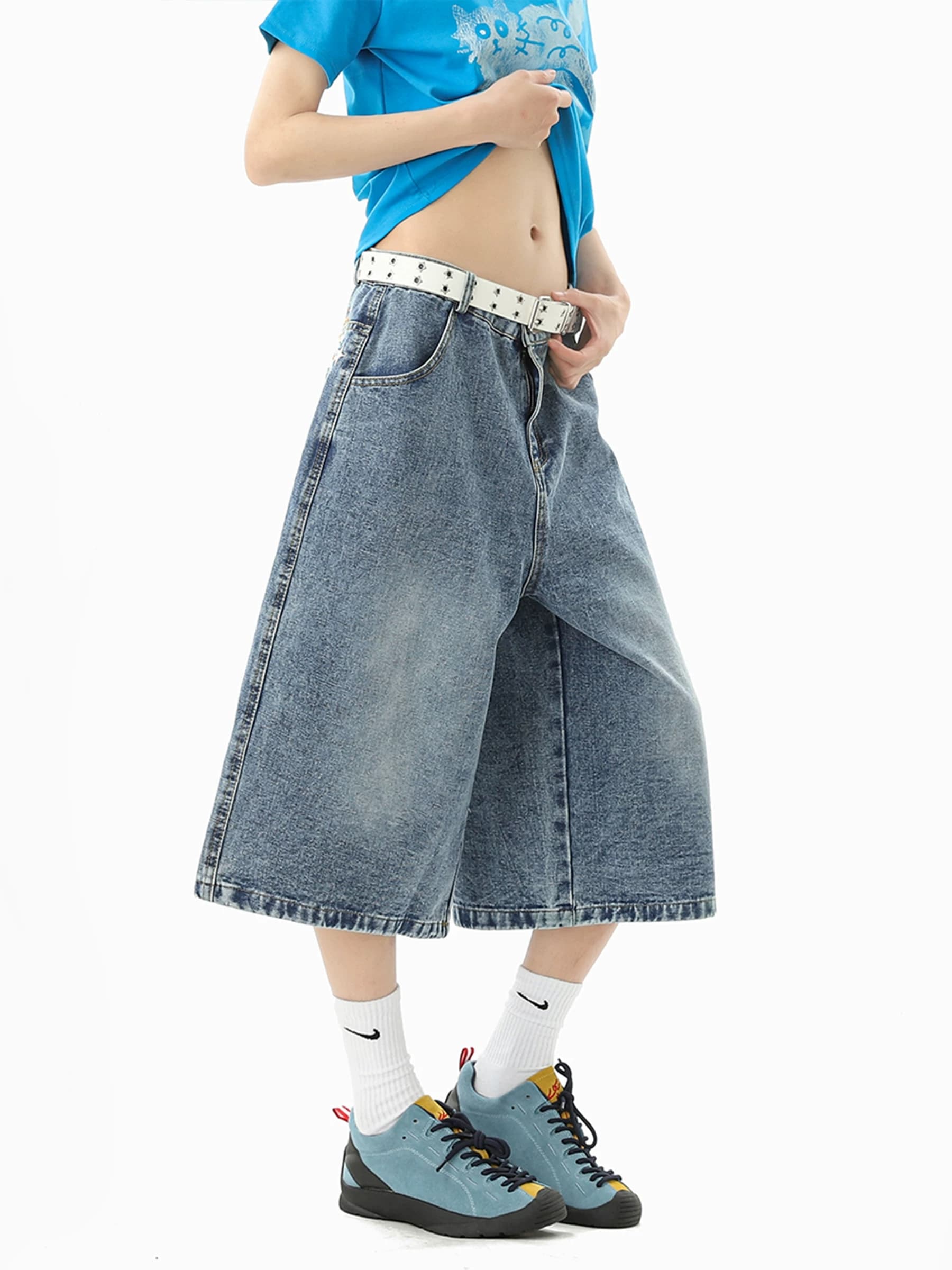 레트로 별 프린트 데님 7부 바지 여성 루즈핏 낙서 블루 바지 거리 바람 이미지 3