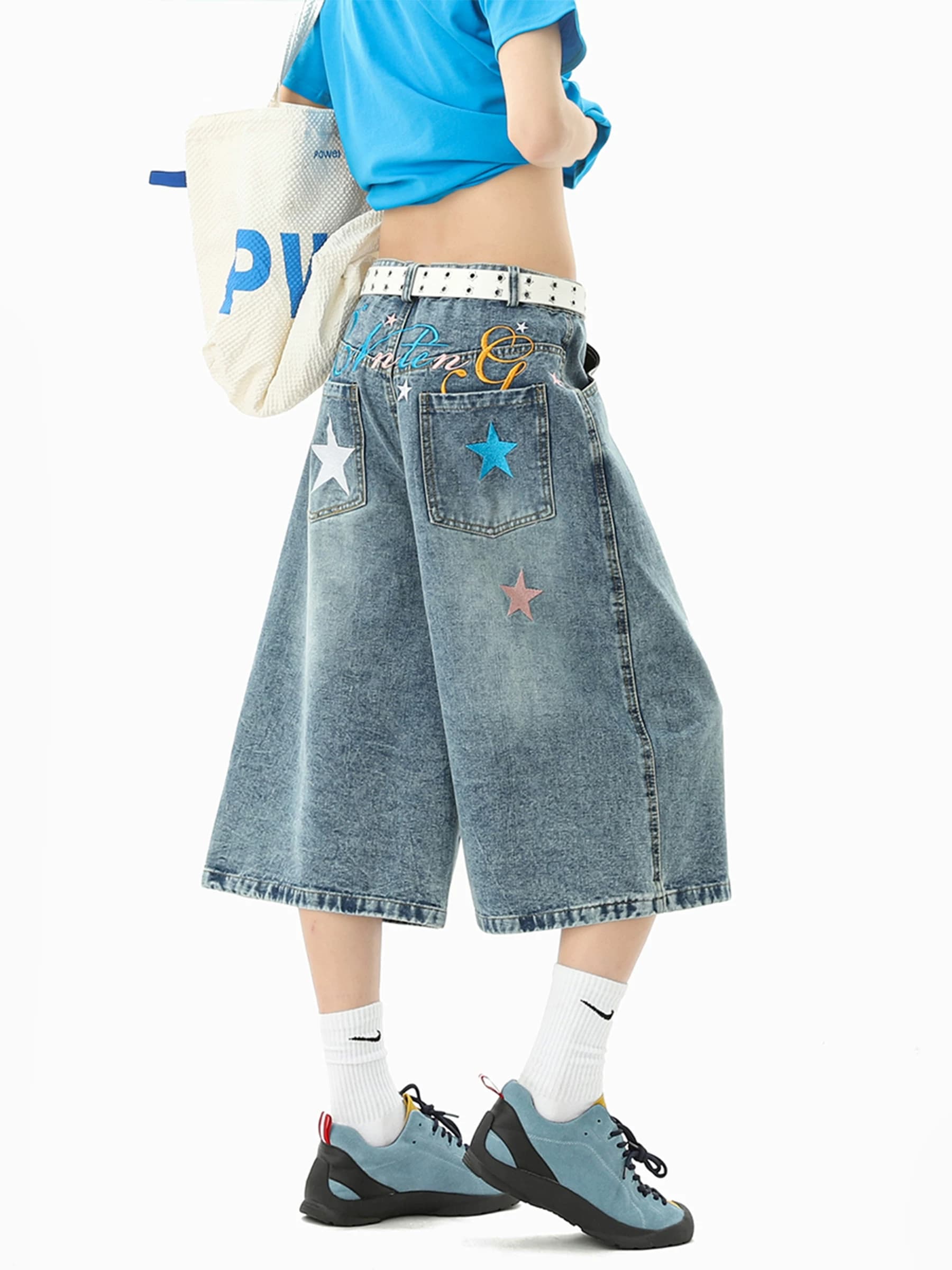 레트로 별 프린트 데님 7부 바지 여성 루즈핏 낙서 블루 바지 거리 바람 이미지 4