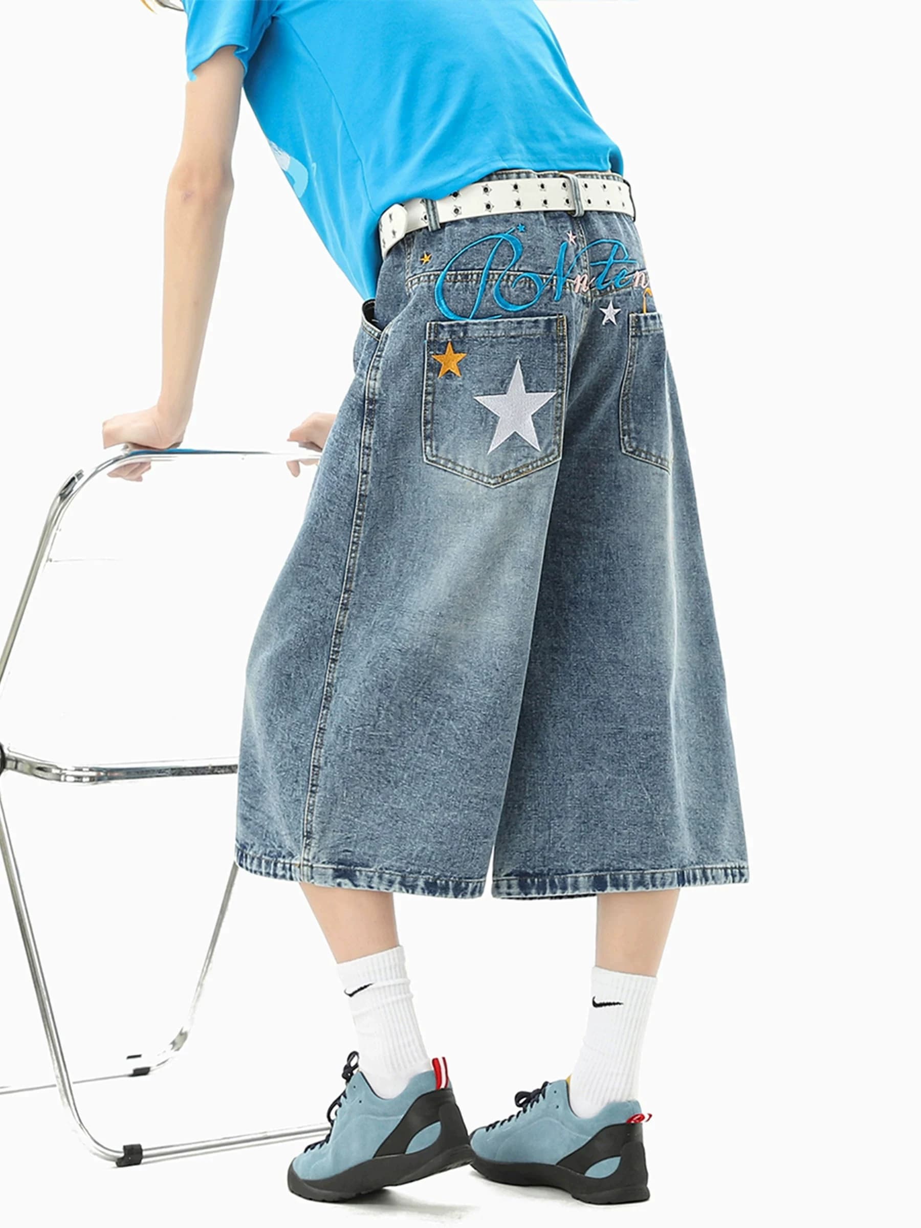 레트로 별 프린트 데님 7부 바지 여성 루즈핏 낙서 블루 바지 거리 바람 상세 이미지 3