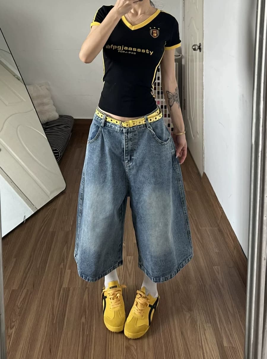 레트로 별 프린트 데님 7부 바지 여성 루즈핏 낙서 블루 바지 거리 바람 상세 이미지 4