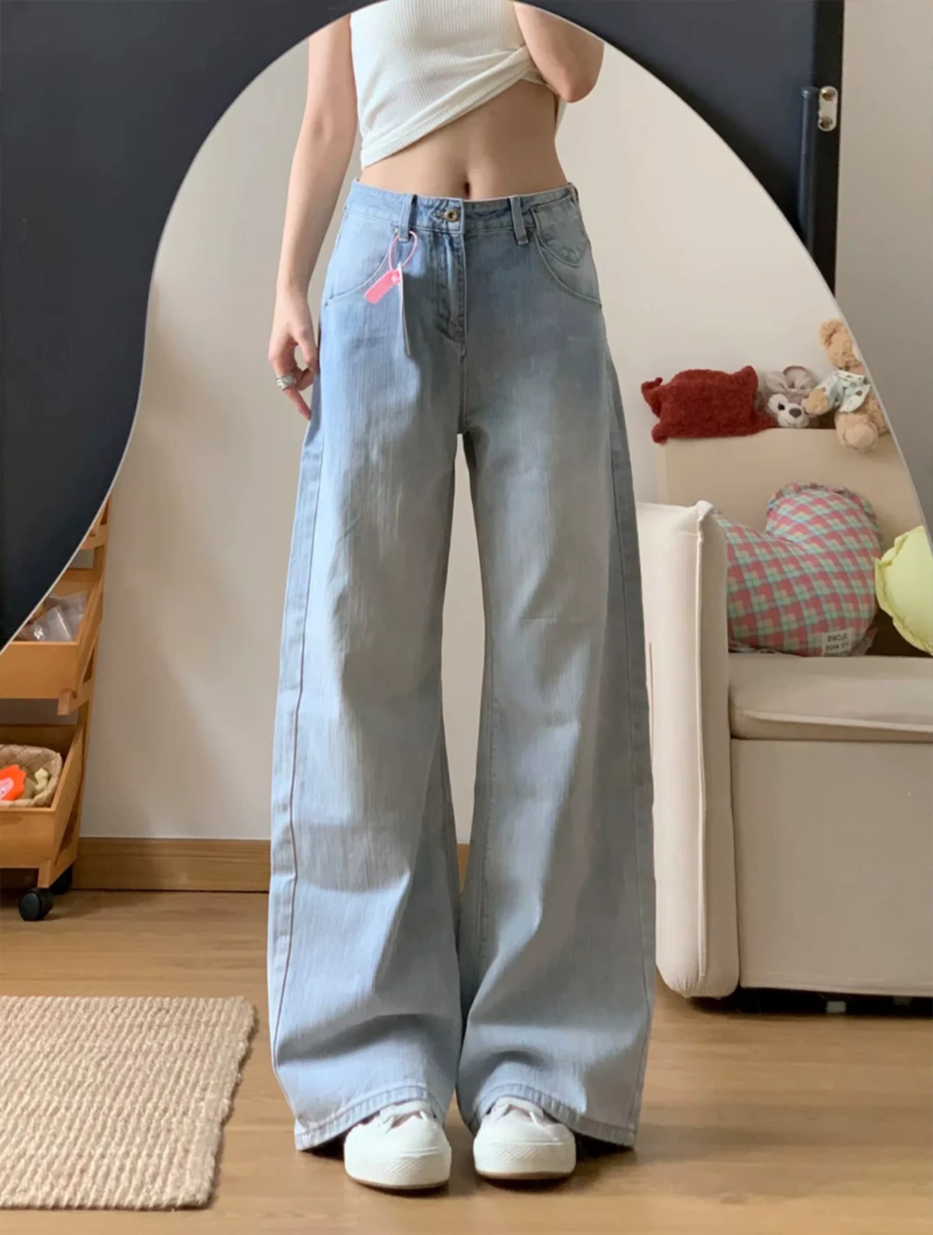 파리 버클 디자인 넓은 다리 청바지 여성 여름 2026 새로운 루즈핏 슬림해 보이는 다용도 바닥 청소 모통이 칼 바지 이미지 3