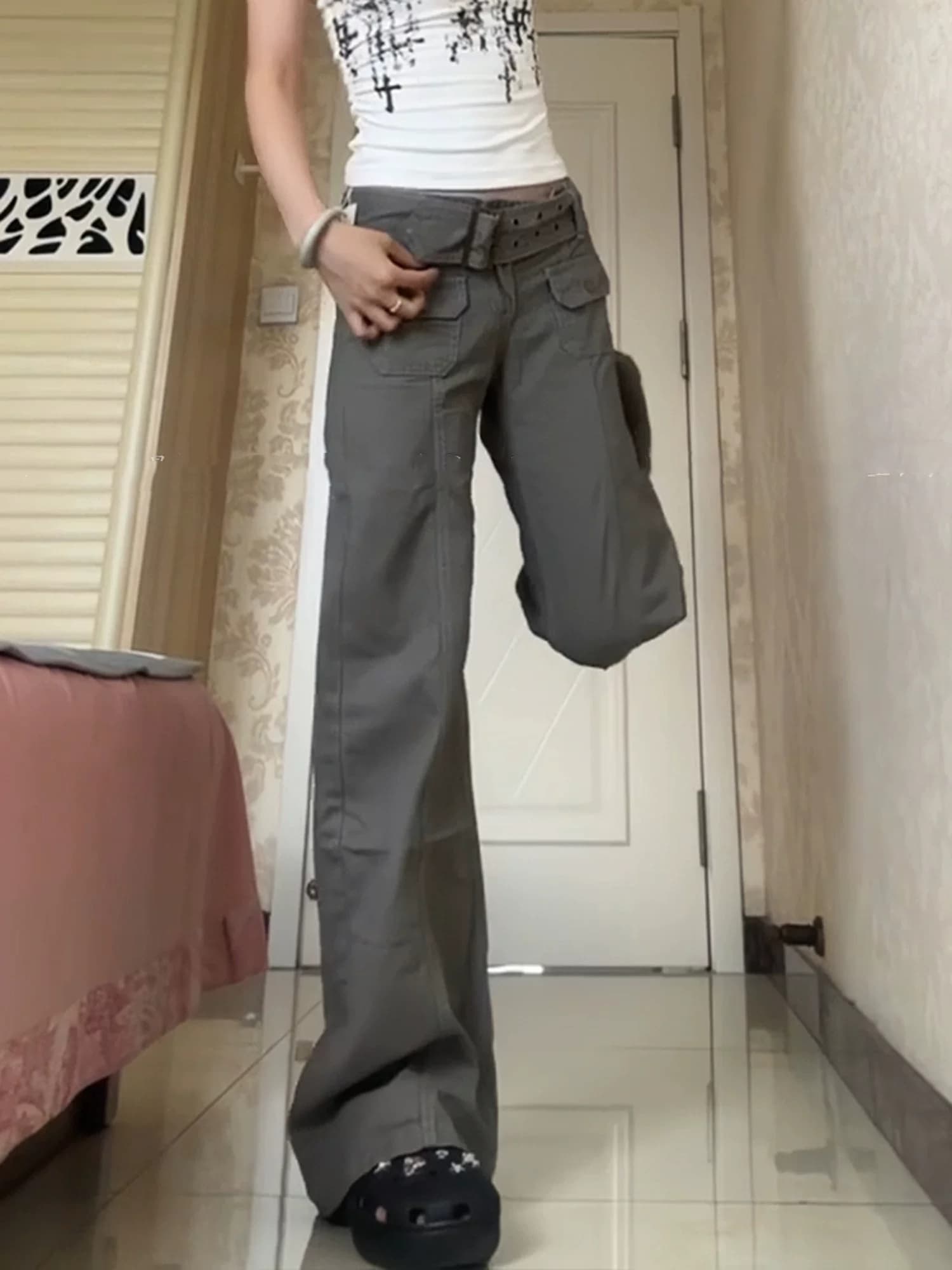 아메리칸 핫걸 레트로 회색 기능 바람 워크웨어 팬츠 아이들 여름 새로운 디자인 센스 루즈핏 스트레이트 바닥 청소 바지 상세 이미지 5