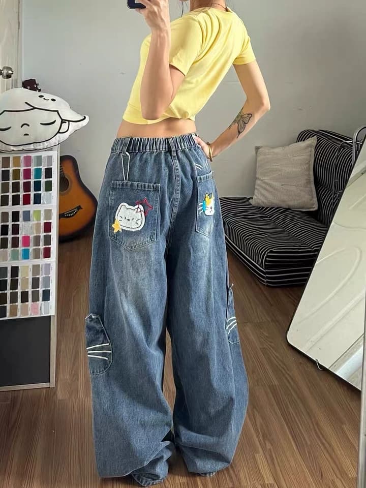 어린애 같은 새끼 고양이 자수 주머니 청바지 여성 만화 바람 연령 감소 아메리칸 루즈핏 넓은 다리 거리 캐주얼 롱 바지 이미지 3