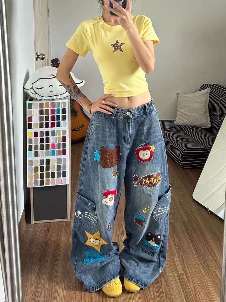 어린애 같은 새끼 고양이 자수 주머니 청바지 여성 만화 바람 연령 감소 아메리칸 루즈핏 넓은 다리 거리 캐주얼 롱 바지 이미지 4