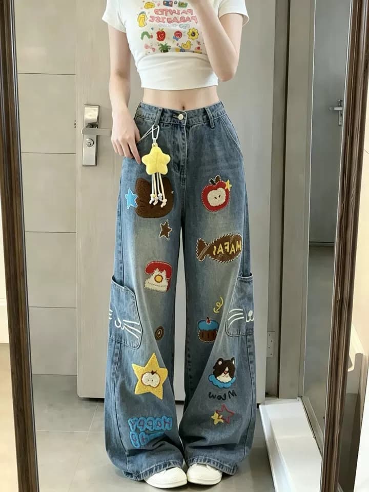 어린애 같은 새끼 고양이 자수 주머니 청바지 여성 만화 바람 연령 감소 아메리칸 루즈핏 넓은 다리 거리 캐주얼 롱 바지