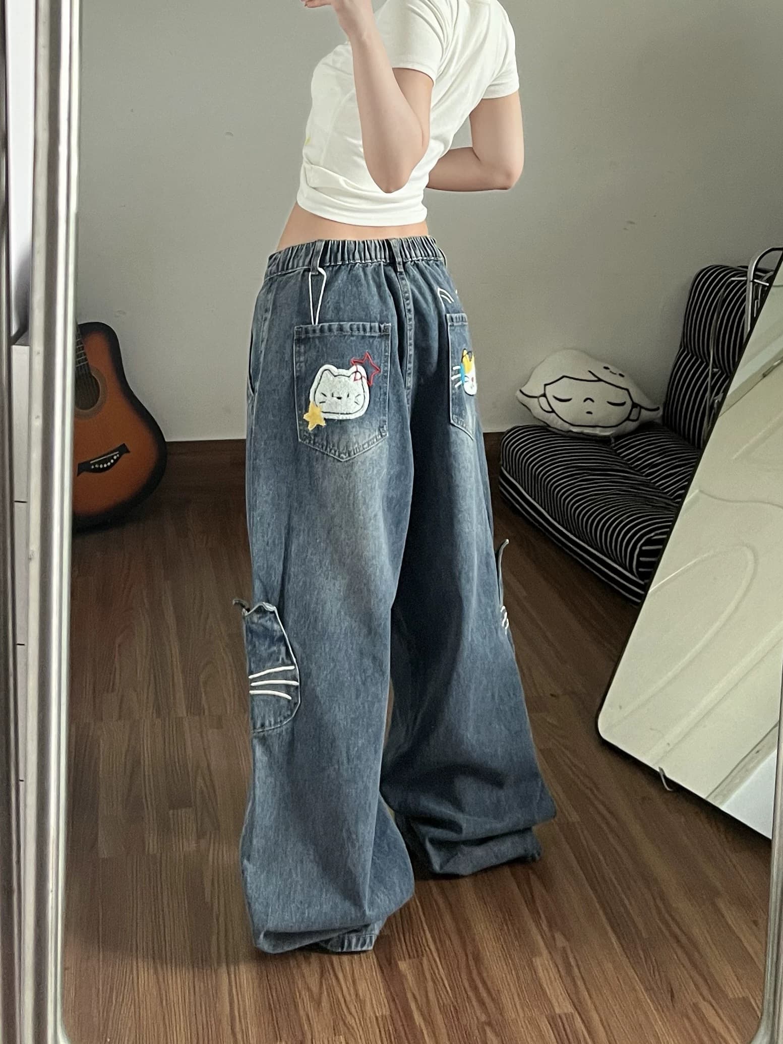 어린애 같은 새끼 고양이 자수 주머니 청바지 여성 만화 바람 연령 감소 아메리칸 루즈핏 넓은 다리 거리 캐주얼 롱 바지 상세 이미지 3