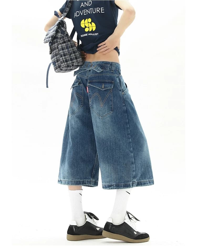 대나무 마디 파리 버클 7부 바지 청바지 남녀 여름 새로운 워싱 마 오래된 디자인 센스 무릎 아래 바지 상세 이미지 2