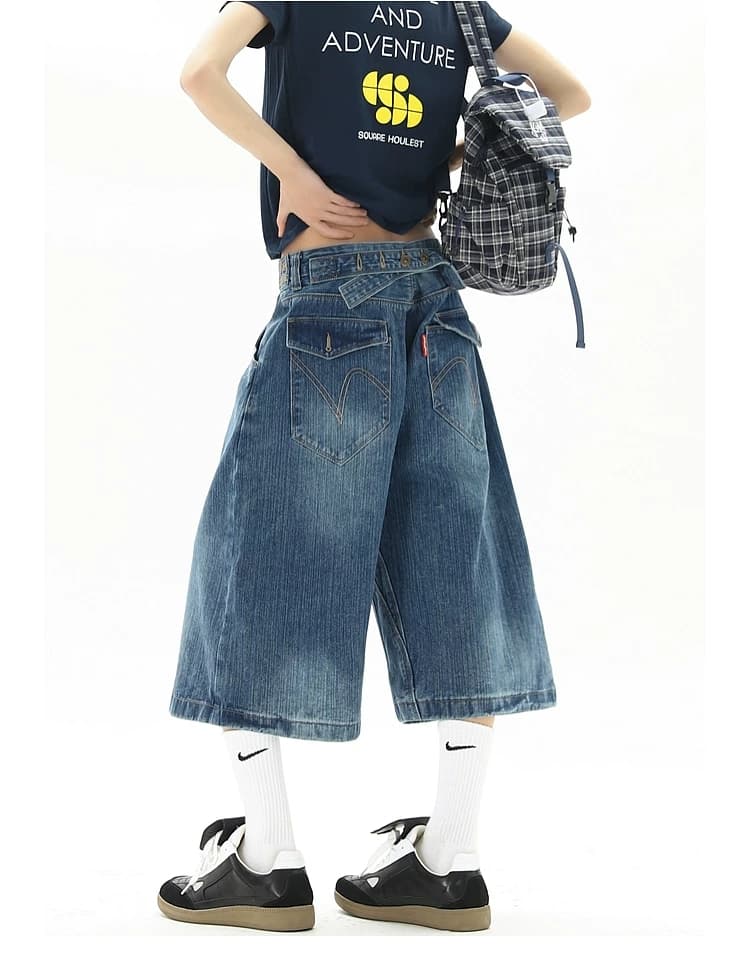 대나무 마디 파리 버클 7부 바지 청바지 남녀 여름 새로운 워싱 마 오래된 디자인 센스 무릎 아래 바지 상세 이미지 6