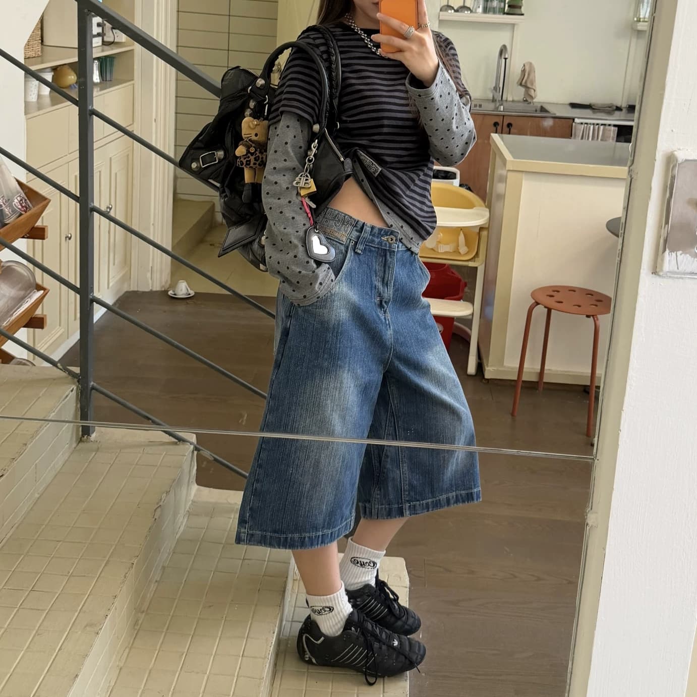 대나무 마디 파리 버클 7부 바지 청바지 남녀 여름 새로운 워싱 마 오래된 디자인 센스 무릎 아래 바지 상세 이미지 4
