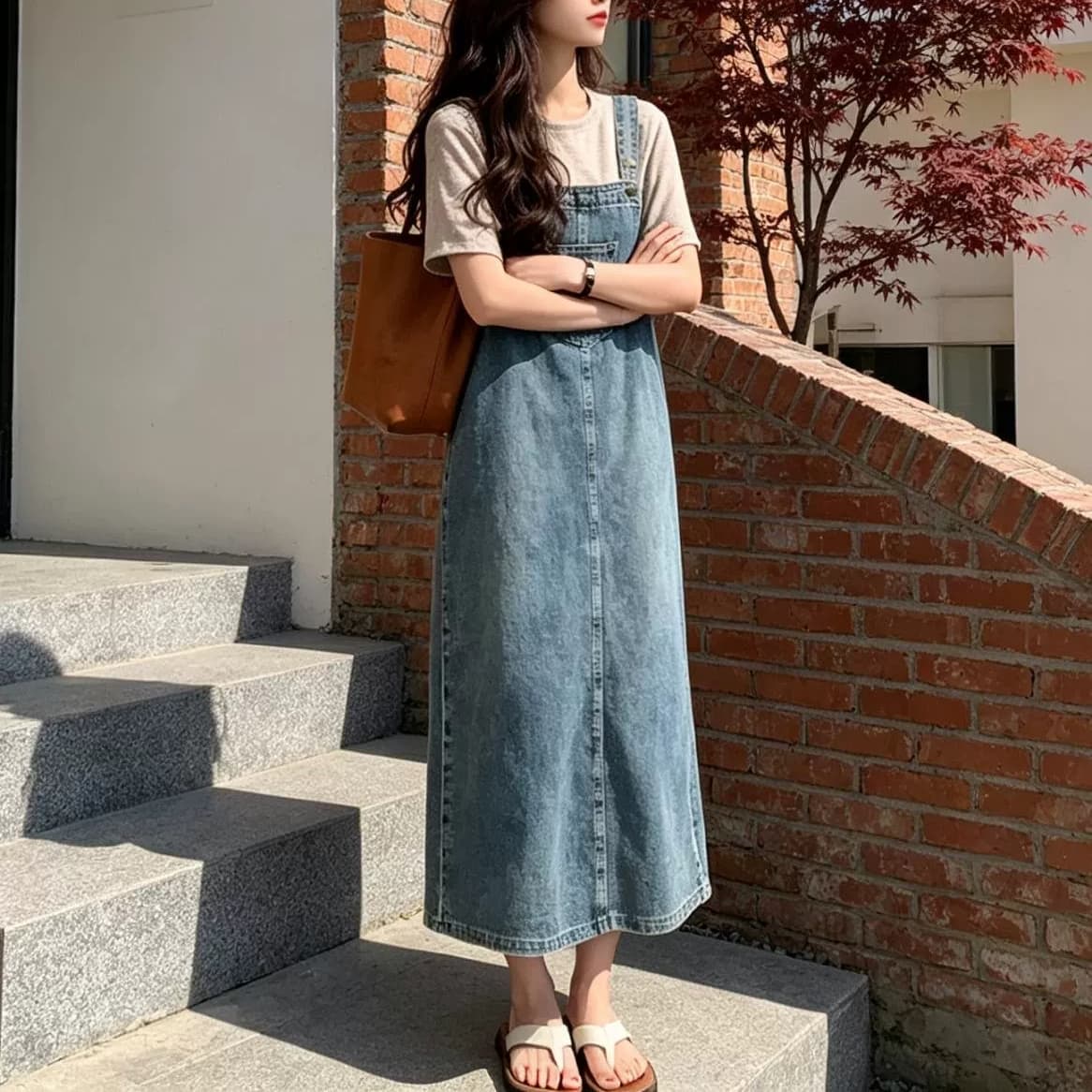 노스탤지어 레트로 멜빵 데님 여성 드레스 2025 여름 새로운 작은 키 루즈핏 슬림해 보이는 중간 길이 치마 상세 이미지 4