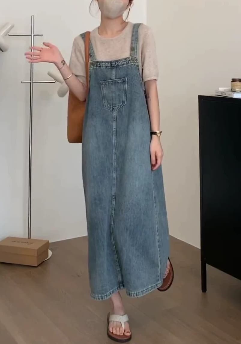 노스탤지어 레트로 멜빵 데님 여성 드레스 2025 여름 새로운 작은 키 루즈핏 슬림해 보이는 중간 길이 치마 상세 이미지 5