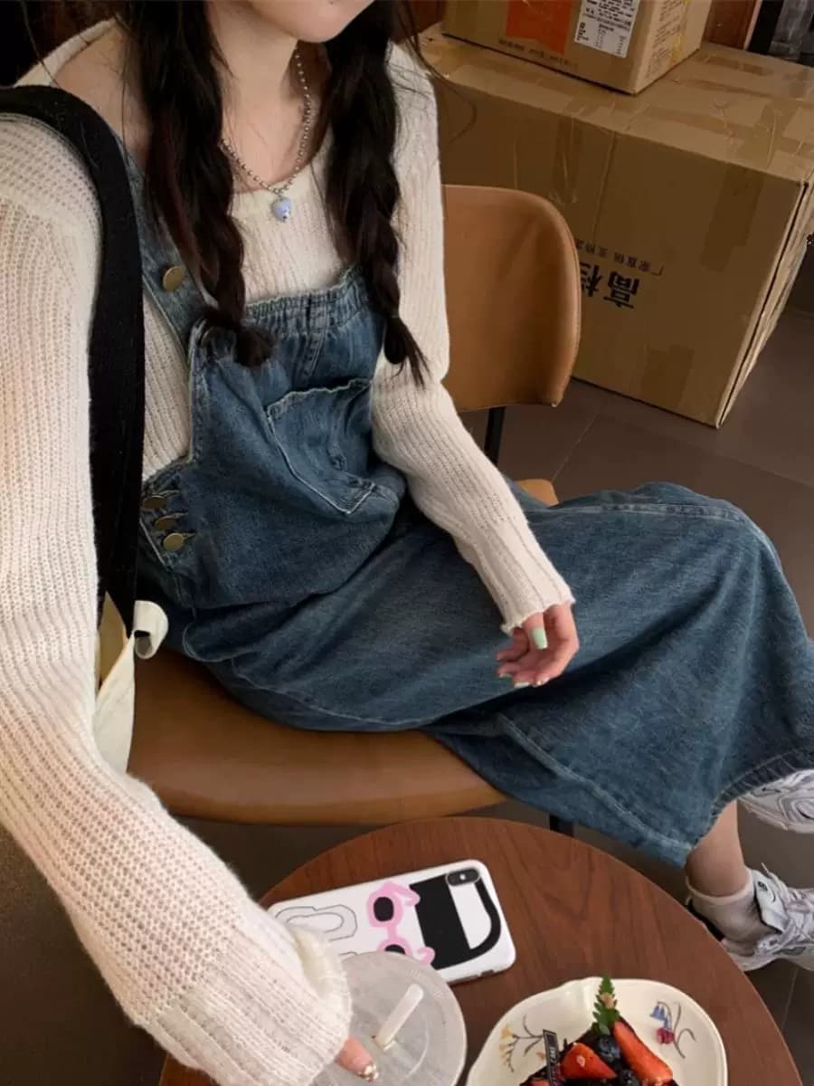 노스탤지어 레트로 멜빵 데님 여성 드레스 2025 여름 새로운 작은 키 루즈핏 슬림해 보이는 중간 길이 치마 상세 이미지 7