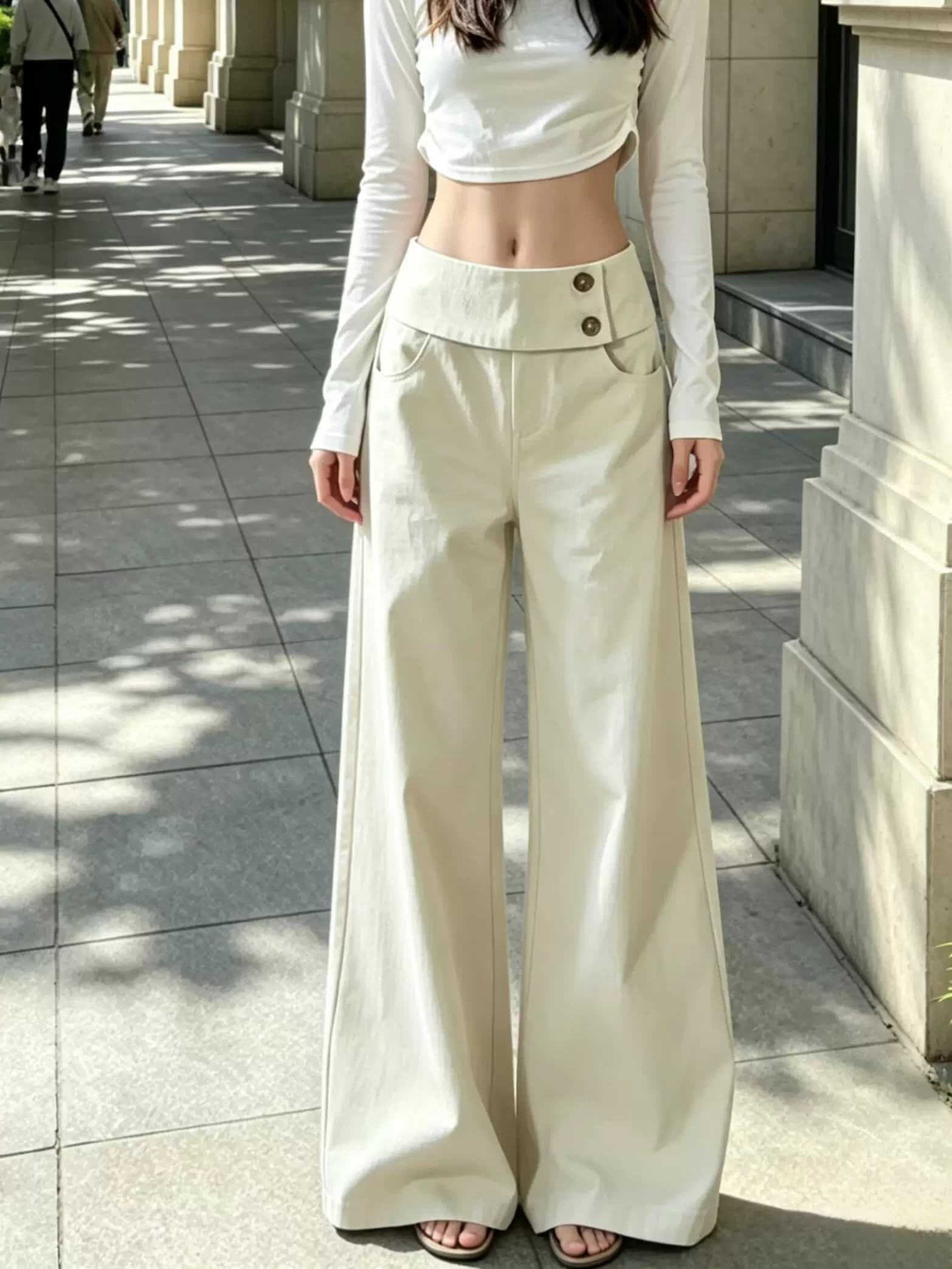 더블 버클 허리 머리 넓은 다리 캐주얼 바지 여성 2026 새로운 여름 얇은 스타일 루즈핏 슬림해 보이는 도루 센스 스트레이트 바닥 청소 바지 상세 이미지 4
