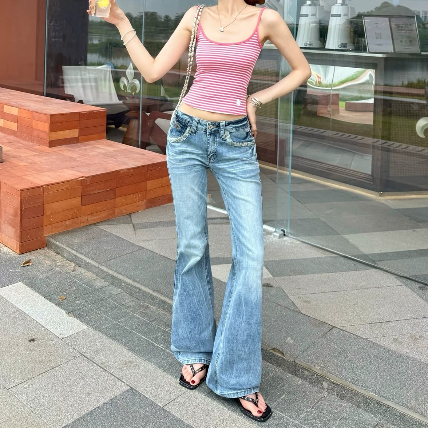 아메리칸 레오파드 무늬 로우 웨이스트 청바지 여성 높음 거리 워싱 레트로 파란색 바지 핫걸 나팔 긴 바지 상세 이미지 4