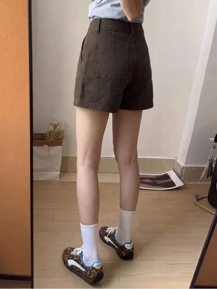 아메리칸 레트로 브라운 커피 색상 워크웨어 데님 반바지 여성 2026 여름 새로운 하이웨이스트 슬림해 보이는 핫걸 한 마디 핫 바지 상세 이미지 5