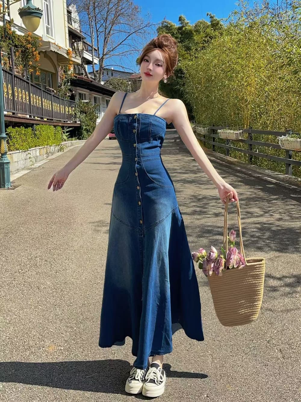 실사 작은 대중 여신 팬 패션 섹시함 싱글 줄 버튼 데님 슬립 여성 드레스 봄 여름 품격 트임 롱 스커트 상세 이미지 14